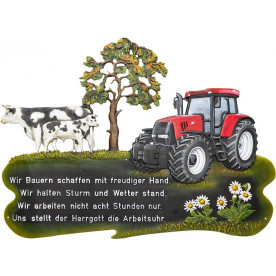 Schwarzbunte und roter Traktor